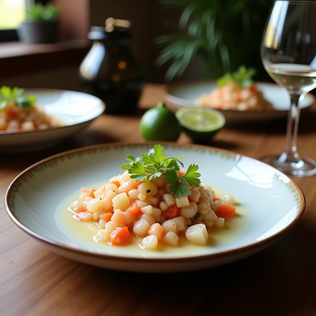 Ceviche de ostras frescas en copa de cristal con leche de coco, trozos de cebolla morada, pimiento rojo y semillas de sésamo, decorado con hojas de lima kaffir. Plato ultra fresco de fusión tailandesa-peruana.