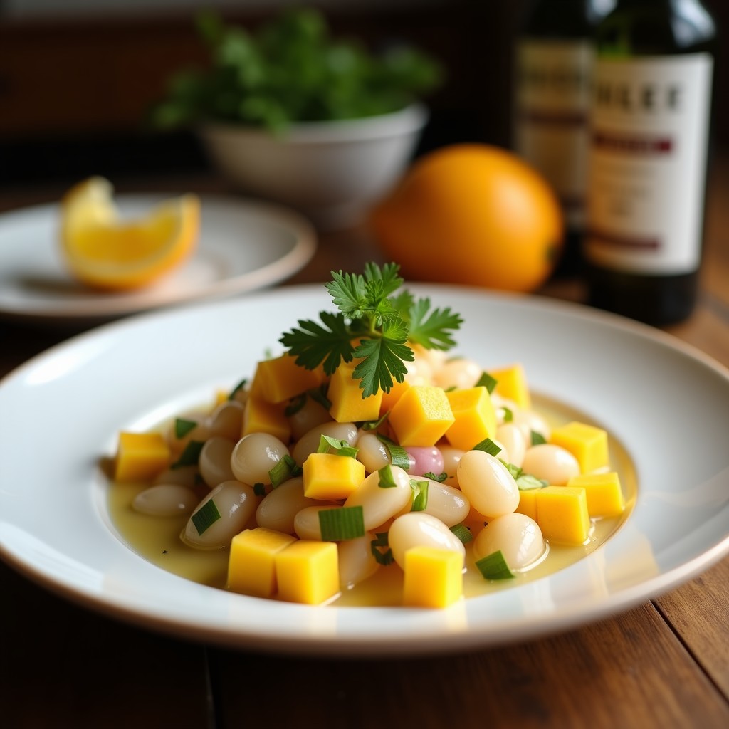 Ceviche tailandés vegano de corazón de palma de coco y mango servido en copa de cristal, con leches de coco, semillas de sésamo negro y cilantro fresco. Plato fresco y colorido con toques exóticos.