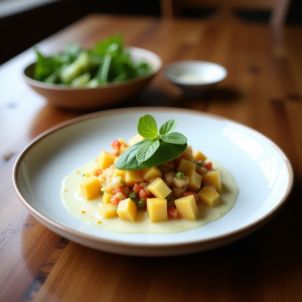 Ceviche de palmito y aguacate con leche de coco servido en un bol blanco sobre fondo de madera. Rodajas de palmito, cubos de aguacate y semillas de sésamo visibles, decorado con hojas de menta y cilantro fresco.
