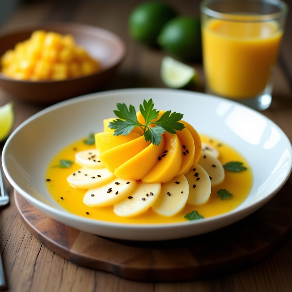Plato hondo de cerámica blanca con ceiche de palmito marinado en leche de tigre amarilla, coronado con algodón de azúcar de mango esponjoso y anacardos tostados. Decorado con hojas de cilantro y rodajas de lima al lado.
