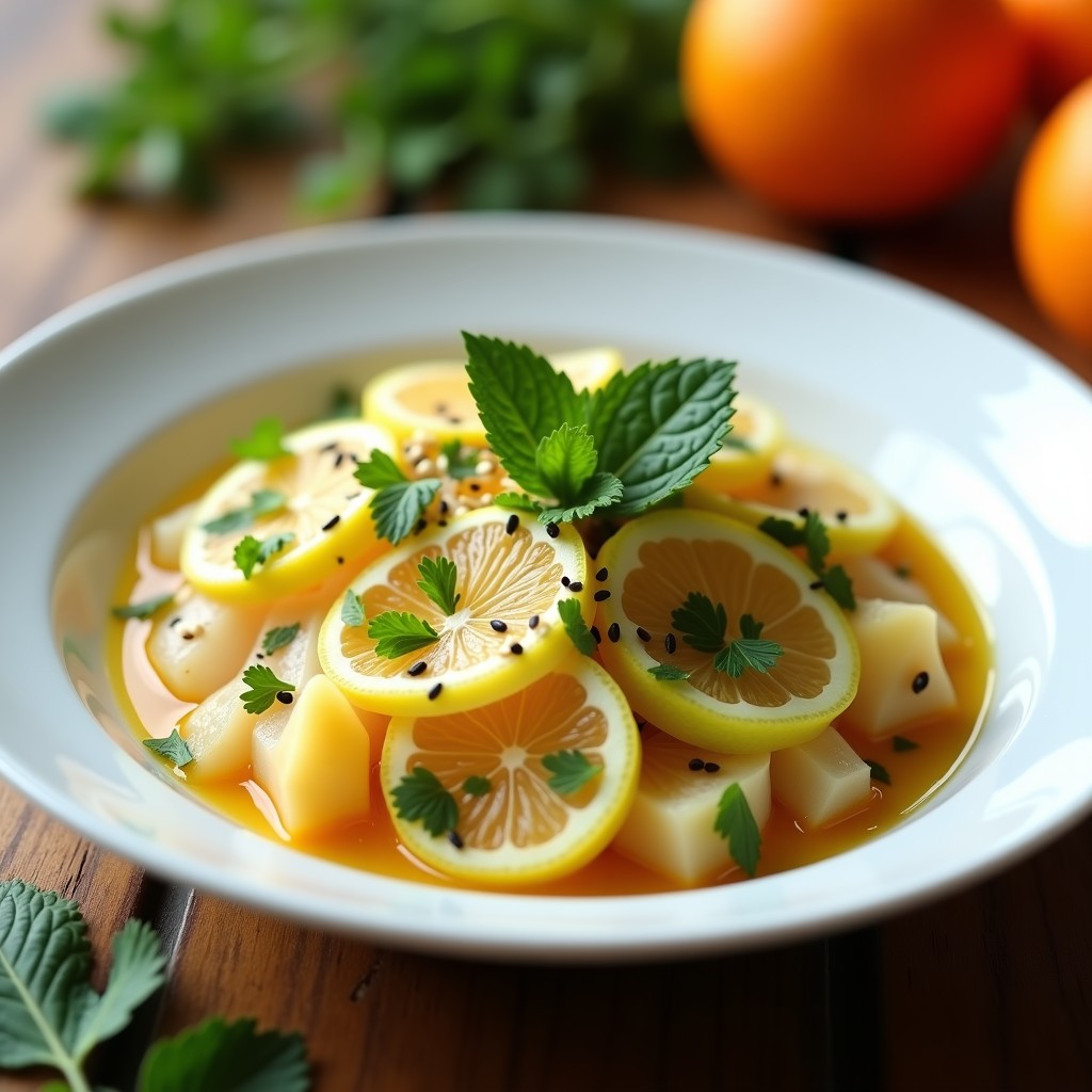 Ceviche vegano de palmito y corazón de apio con leche de naranja agria, servido en plato blanco hondo con decoración de menta y sésamo. Texturas crujientes y colores vibrantes entre el blanco del palmito, el verde del apio y el amarillo de la leche de tigre.