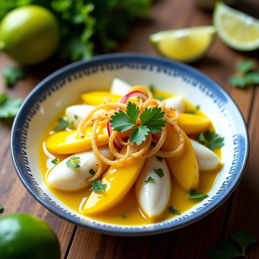 Plato hondo de cerámica blanca con ceiche de palmito y mango biche, rodajas de palmito y juliana de mango verde bañados en leche de limón amarilla, decorado con culantro fresco, cebolla morada y maíz tostado dorado. Fondo rústico con hojas de lechuga y limones verdes cortados.