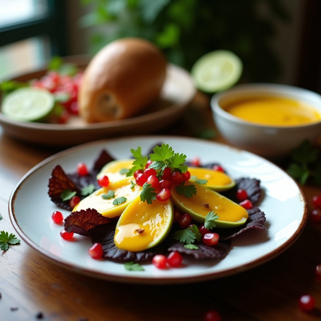 Ceiche de palmito y maracuyá con salsa de ají amarillo servido sobre hojas de lechuga morada, decorado con semillas de granada y cilantro fresco, en un plato blanco rústico.
