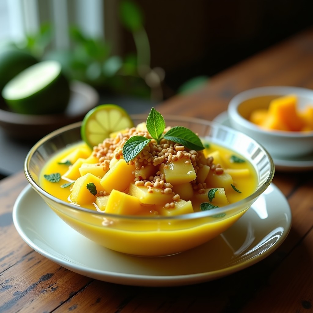Ceviche de Palmito y Maracuyá fusion Brasil-Peruano servido en copa transparente con rodajas de palmito, mango verde y piña bañados en Leche de Tigre de Frutas amarilla vibrante, decorado con cacahuates tostados, hojas de menta y rodajas de limón verde sobre fondo rústico de madera.