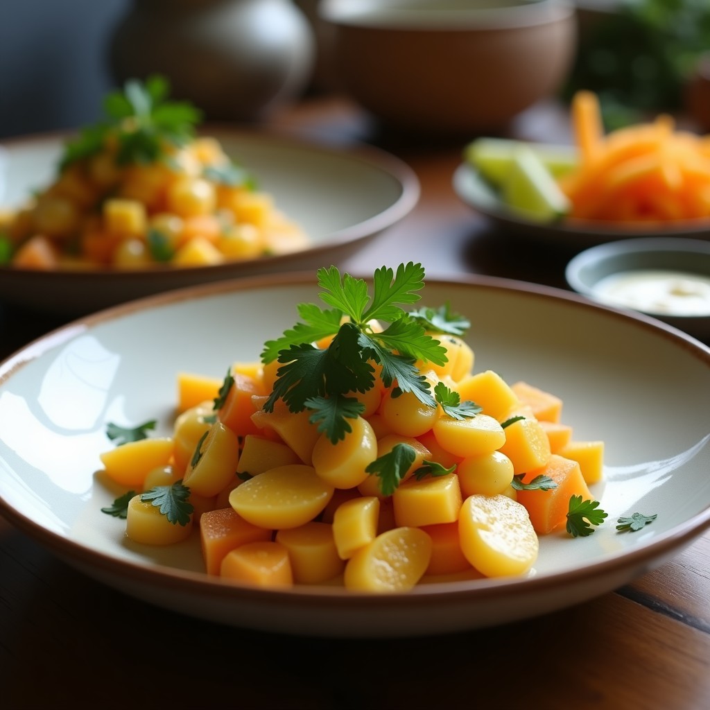 Ceviche vegano fusion de palmito en rodajas finas, maracuyá, leche de coco y cilantro fresco, servido en un bol de cerámica blanca con semillas de sésamo tostadas y hojas de cilantro como decoración.