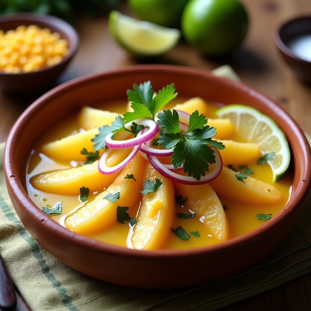 Ceviche de palmito y maracuyá servido en copa de cristal transparente, con rodajas de palmito marinado en leche de tigre amarilla, trozos de maracuyá fresco, maíz morado y cilantro. Plato colorido con toque ácido peruano, fondo borroso de cocina moderna.