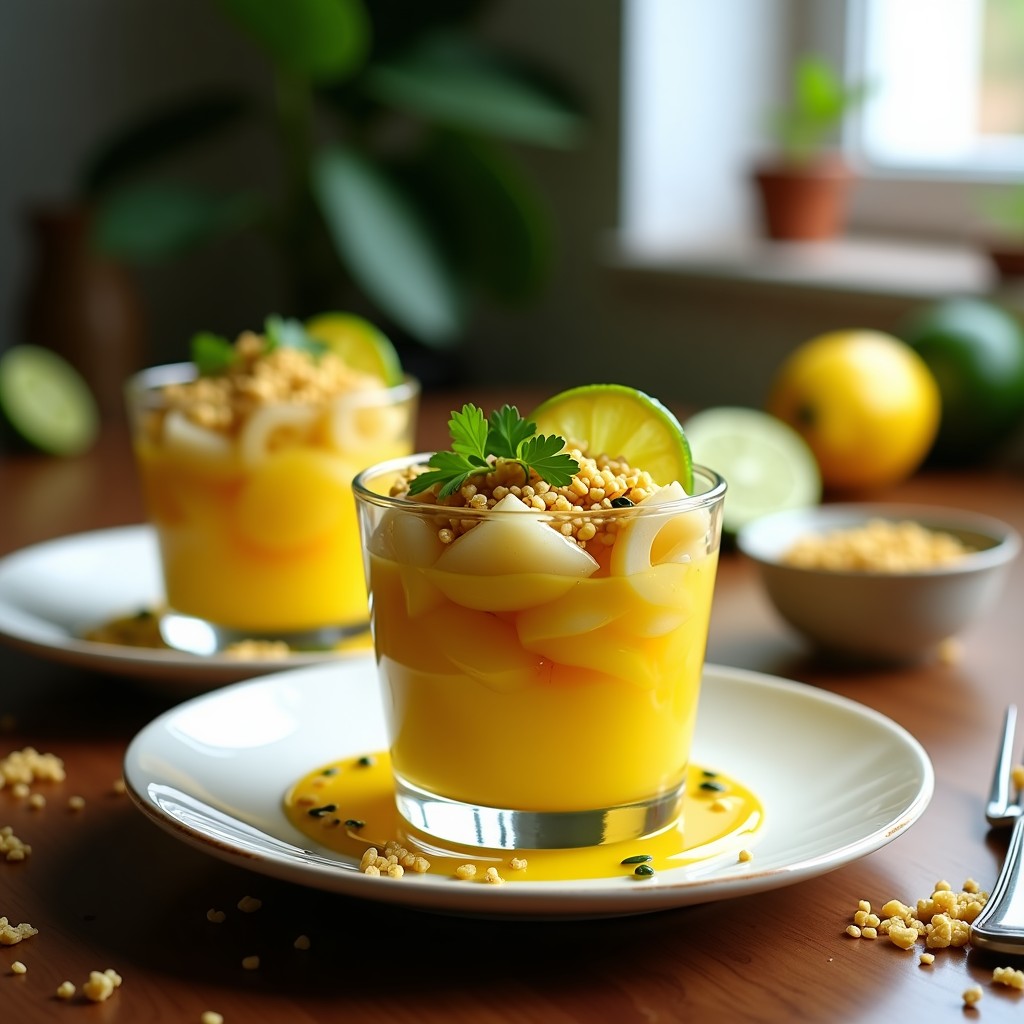 Copas transparentes con ceviche de palmito en láminas bañado en leche de tigre amarilla, decorado con semillas de maracuyá y crujiente de quinoa dorada. Acompañado de hojas de cilantro fresco y rodajas de limón verde sobre una mesa rústica de madera.