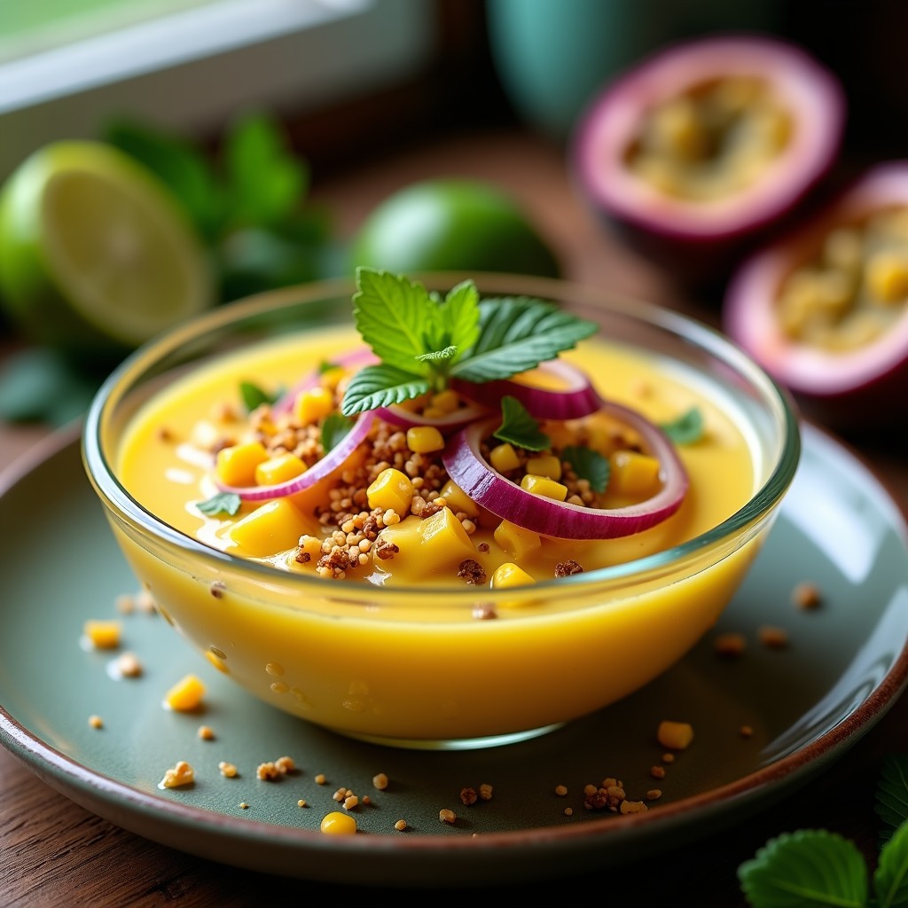 Ceviche brasilero vegano de palmito y maracuyá servido en copa de cristal transparente, con rodajas de palmito marinado en leche de tigre amarilla, crunch de maíz morado tostado por encima, cilantro fresco y semillas de sésamo. Acompañado de gajos de limón verde y pulpa de maracuyá al fondo.