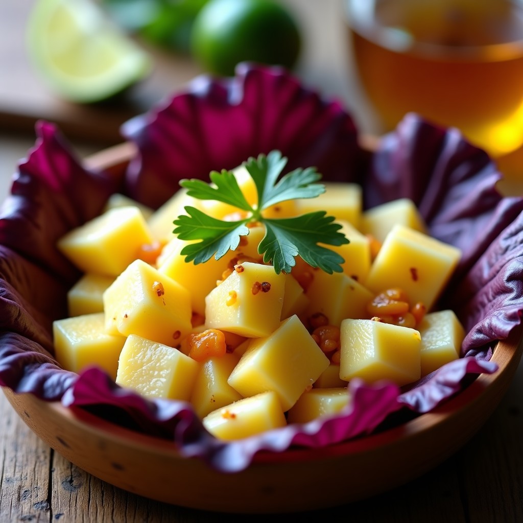 Ceviche vegano de palmito y piña con leche de tigre de ají amarillo servido en hoja de lechuga morada, decorado con maíz tostado cancha serrana y cilantro fresco, preparado en airfryer.