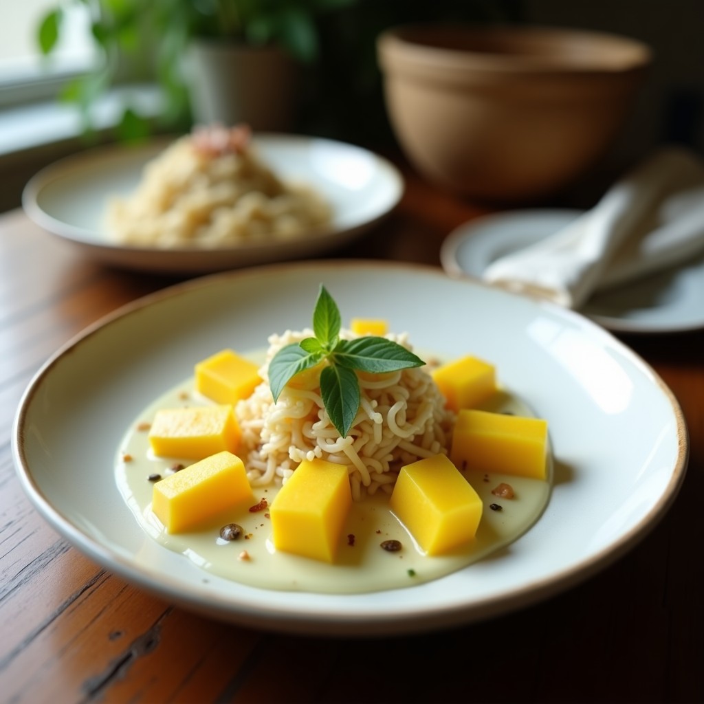 Ceviche vegano peruano en plato blanco hondo: rodajas de palmitos y mango verde bañados en leche de coco espesa, decorado con cilantro fresco, alga nori en tiras, cacahuetes tostados y trozos de cebolla morada y pimiento rojo. Pleno de colores vibrantes y texturas frescas.