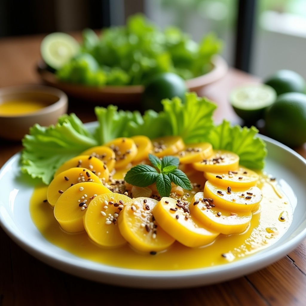 Ceviche vegano de palmitos en rodajas finas y maracuyá, bañado en vinagreta ácida amarilla, decorado con semillas de sésamo y hojas de menta sobre un plato blanco con fondo de hojas de lechuga.