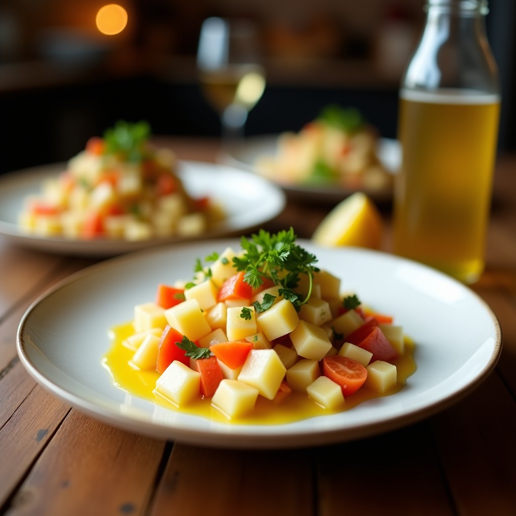 Plato blanco con ceviche de palmitos en rodajas finas y pimiento amarillo asado, bañado en leche de limón amarilla. Decorado con cilantro fresco, hojas de lechuga romana y maíz tostado cancha serrana. Entrante peruano vegano fresco y colorido.