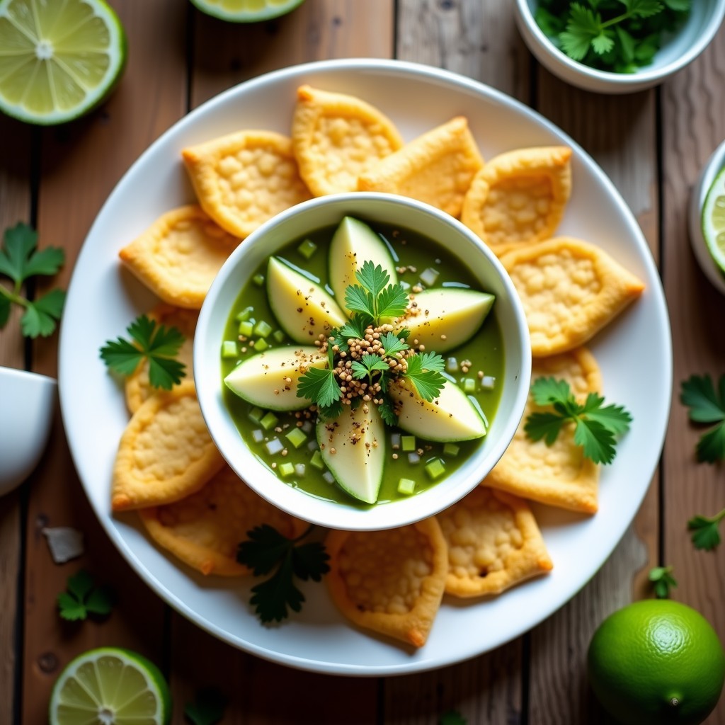 Plato colorido con ceviche de palmitos en rodajas bañados en salsa verde cremosa, acompañado de totopos dorados de quinoa con semillas de sésamo. Decorado con hojas de cilantro y rodajas de limón verde sobre un fondo rústico de madera.