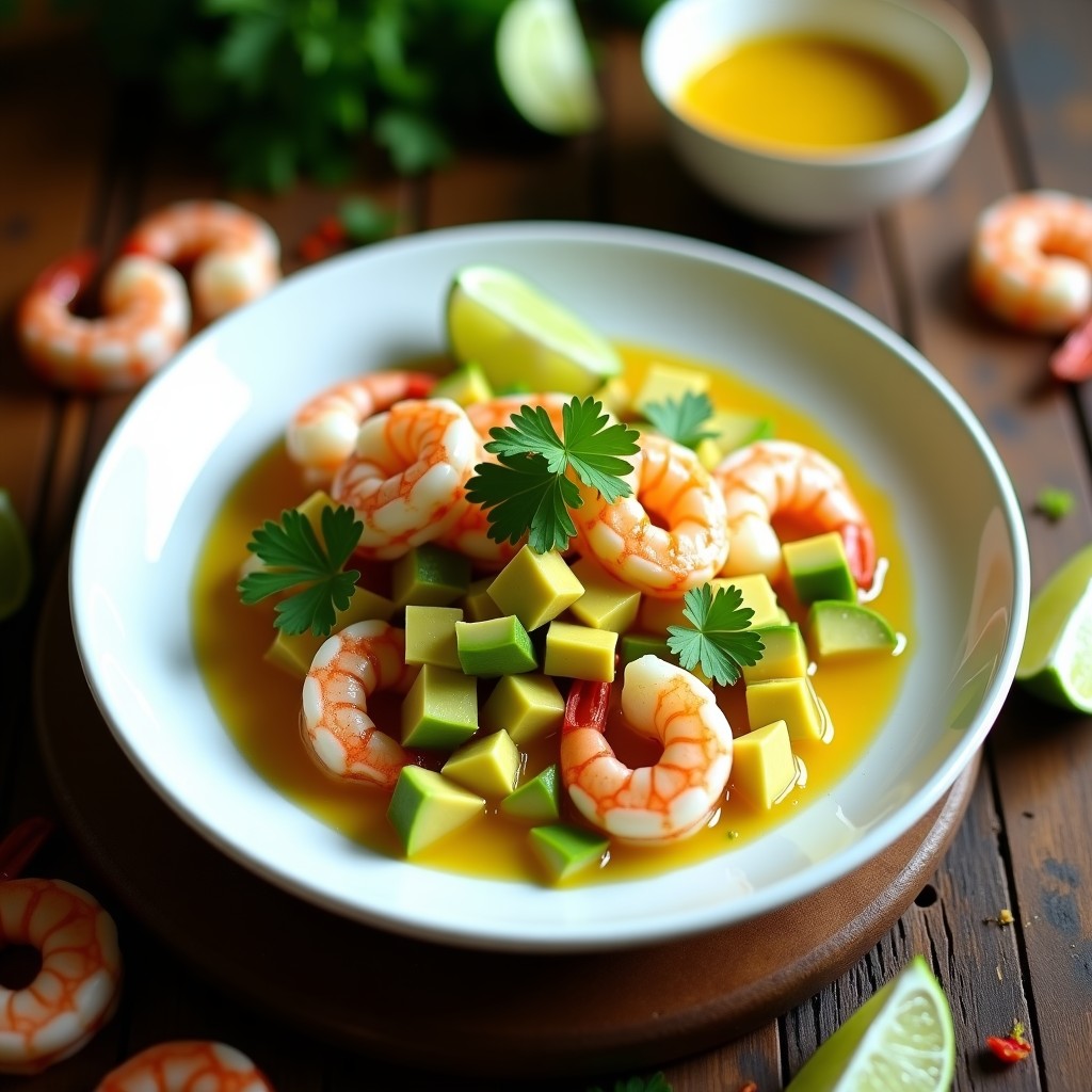 Plato blanco con ceviche de palta en cubos verdes y camarones rosados, bañados en leche de tigre amarilla de cúrcuma, decorado con cilantro fresco y rodajas de limón, sobre fondo rústico de madera.