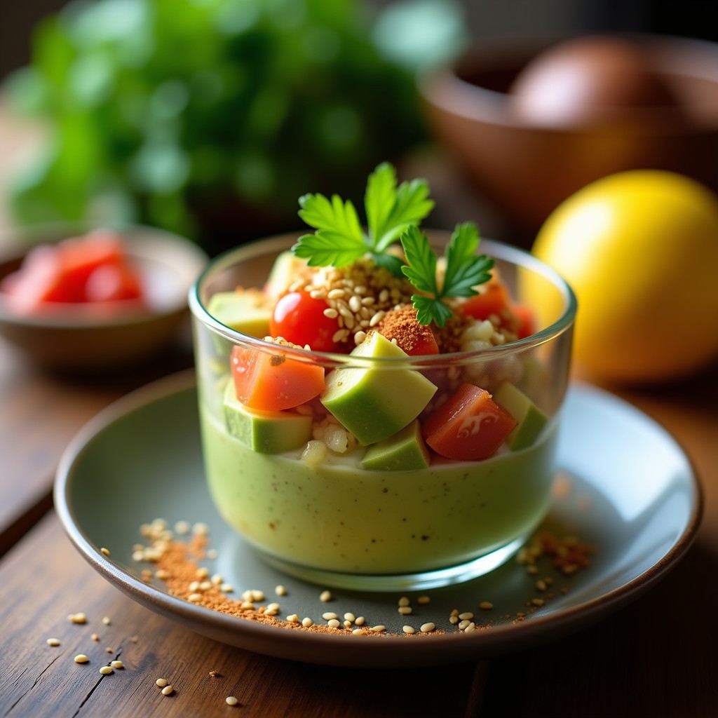 Ceviche vegano peruano de palta hass en cubos cremosos, bañados en leche de tigre cítrica con hojas verdes de marihuanilla, cebolla morada, semillas de sésamo y microgreens de rábano. Servido en plato blanco rústico con fondo de madera oscura.