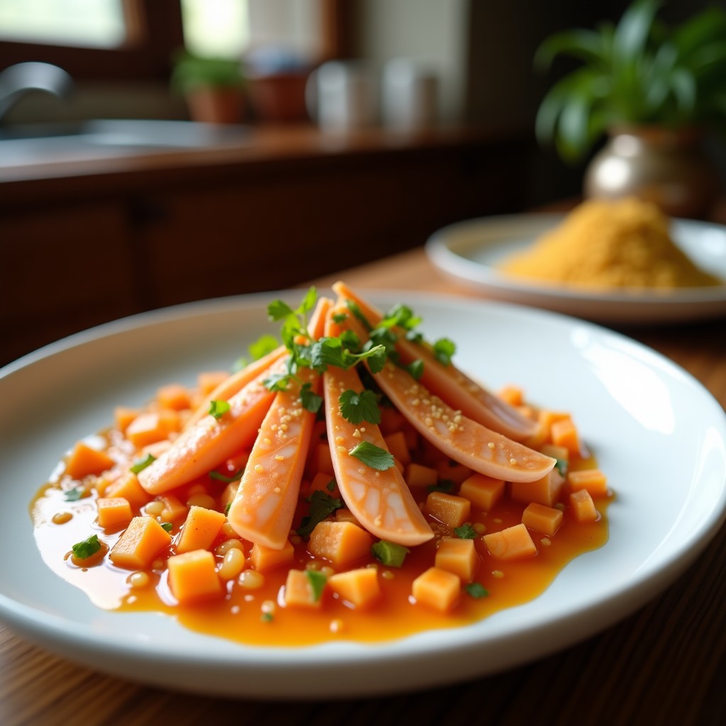 Ceviche de papaya y langostinos peruano servido en un plato blanco hondo, con trozos de papaya anaranjada, langostinos rosados marinados, cebolla morada, culantro fresco y semillas de sésamo tostadas. Fondos desenfocados con limones y naranjas como decoración.