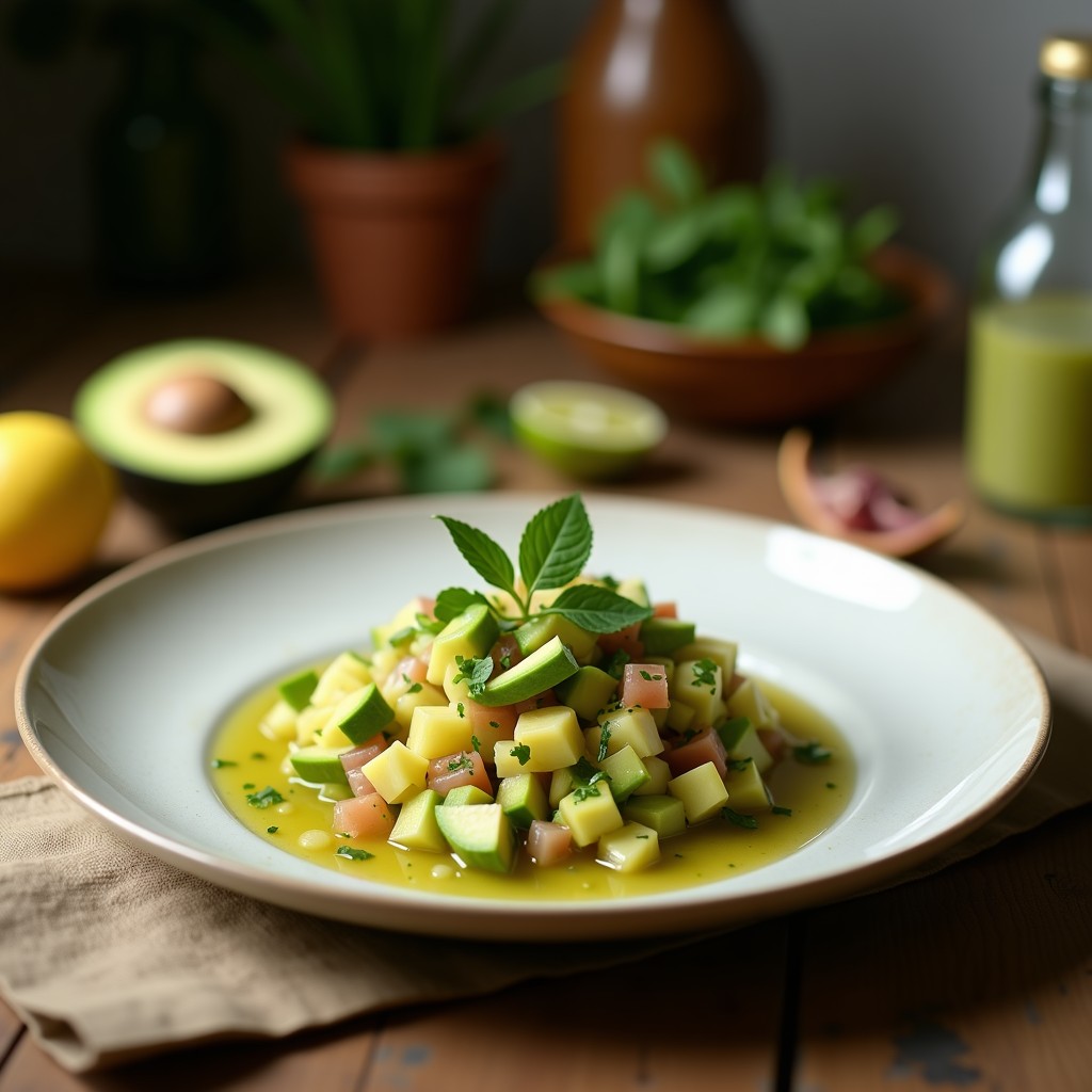 Ceviche vegano de papaya verde y aguacate en un plato blanco, con trozos frescos de aguacate, papaya en cubos, cebolla morada y cilantro, decorado con semillas de sésamo y rodajas de lima al lado.