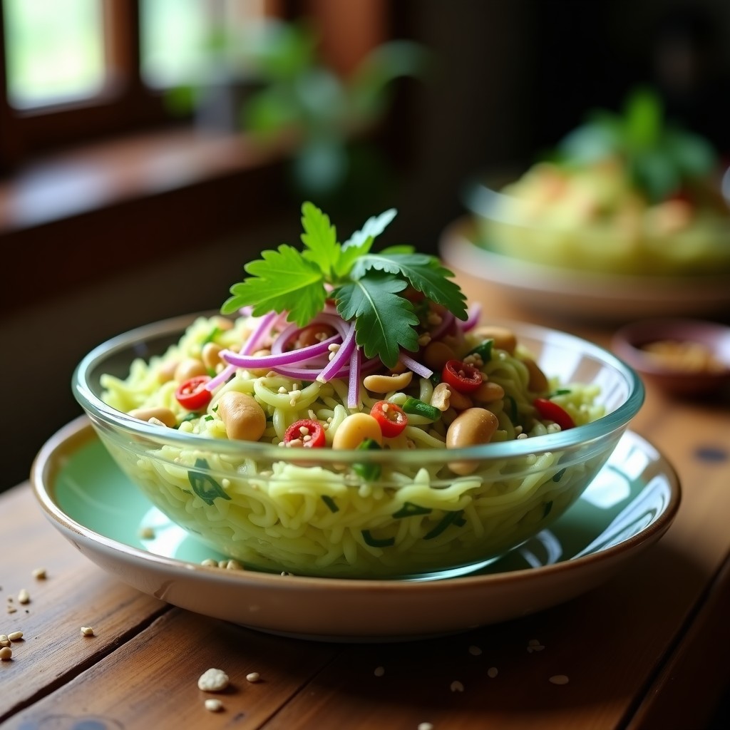 Ceviche tailandés vegano de papaya verde y cacahuete en copa de cristal transparente, con juliana de zanahoria morada, pepino y cebolla, decorado con cacahuetes enteros, hojas de cilantro y rodajas de lima sobre fondo de madera oscura.