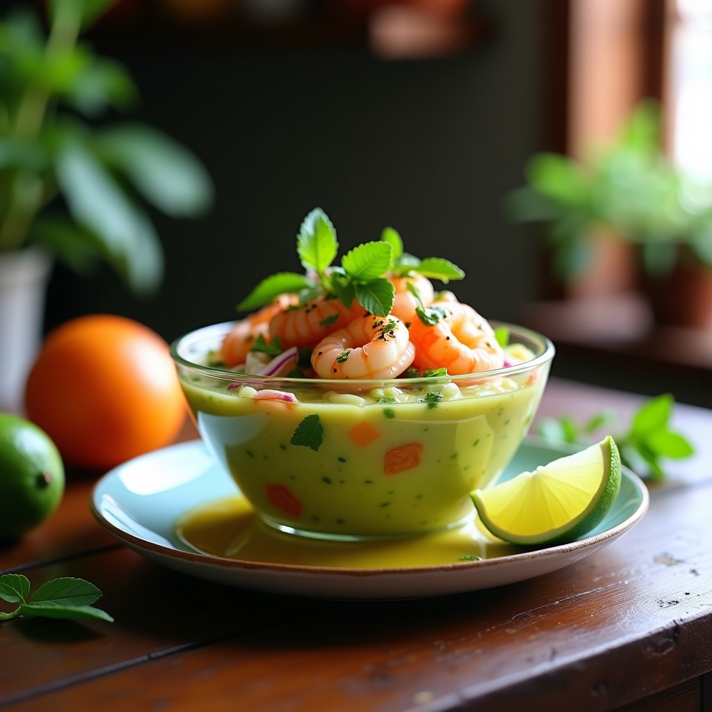 Ceviche de papaya verde y camarones servido en copa de cristal, con camarones rosados marinados, juliana de papaya verde, cebolla roja en plumas y semillas de sésamo tostado. Plato fresco y vibrante típico de la cocina peruana en olla exprés.