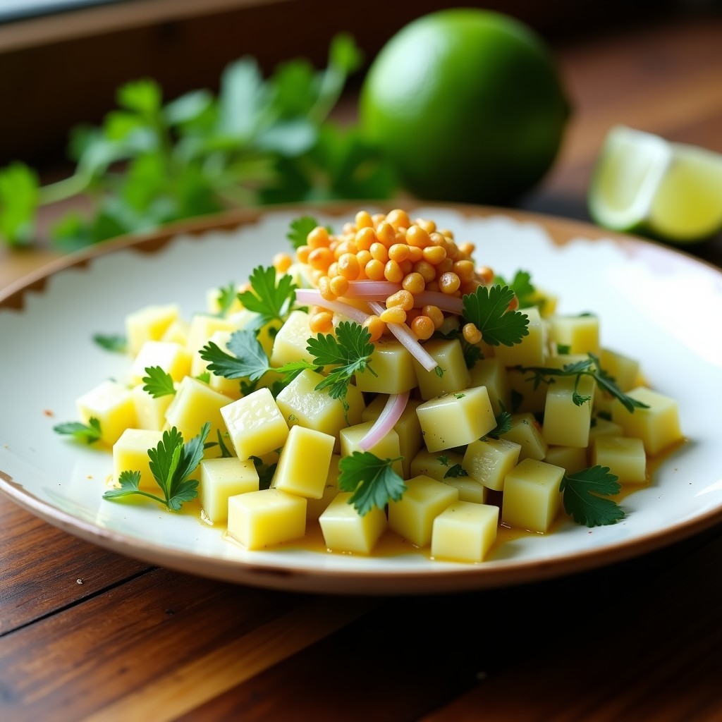 Ceviche vegano peruano de papaya verde y jicama en juliana, marinado en limón y chile, decorado con cilantro fresco y cancha serrana tostada sobre un plato blanco rústico.