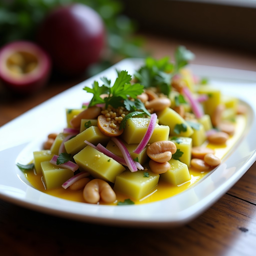 Plato blanco rectangular con ceviche de papaya verde en juliana, maracuyá, cebolla morada y cilantro, bañado en leche de tigre amarillo. Decorado con maní tostado triturado y semillas de maracuyá, sobre fondo de madera rústica.