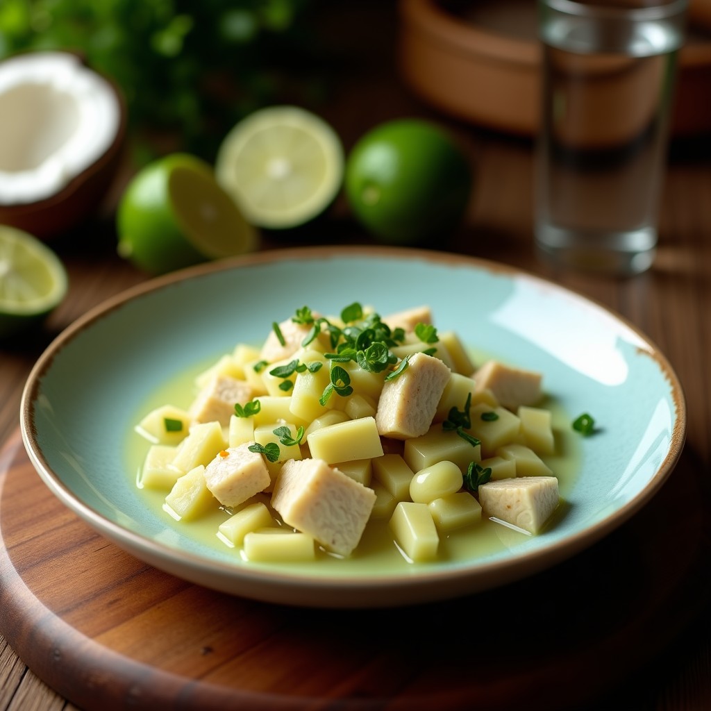 Ceviche filipino servido en copa de cóctel con cubos de pescado blanco, papaya verde, cebolla morada y cilantro, bañado en leche de coco cremosa y decorado con rodajas de lima y hojas de kaffir lime.