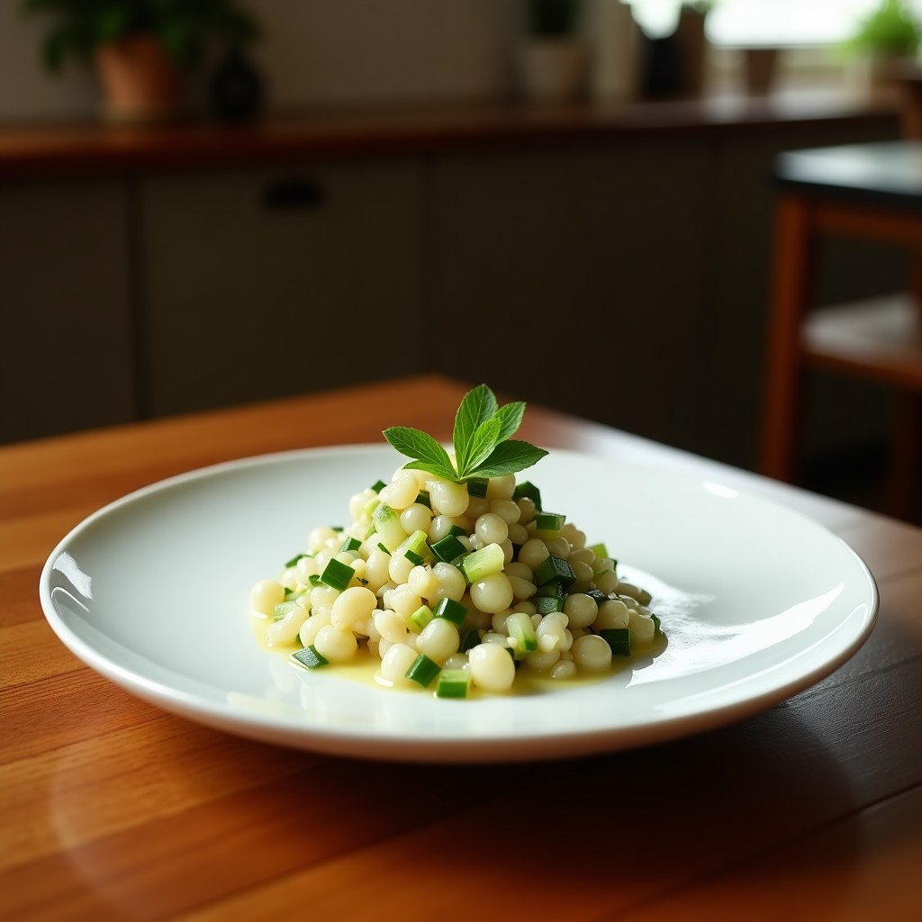 Ceviche de pepino de mar y leche de coco servido en copa de coco, con rodajas translúcidas de pepino de mar, semillas de granada rojas, hojas de hierbabuena verde y un fondo de cebolla morada en juliana. Plato fresco y colorido típico de la cocina peruana vegana.