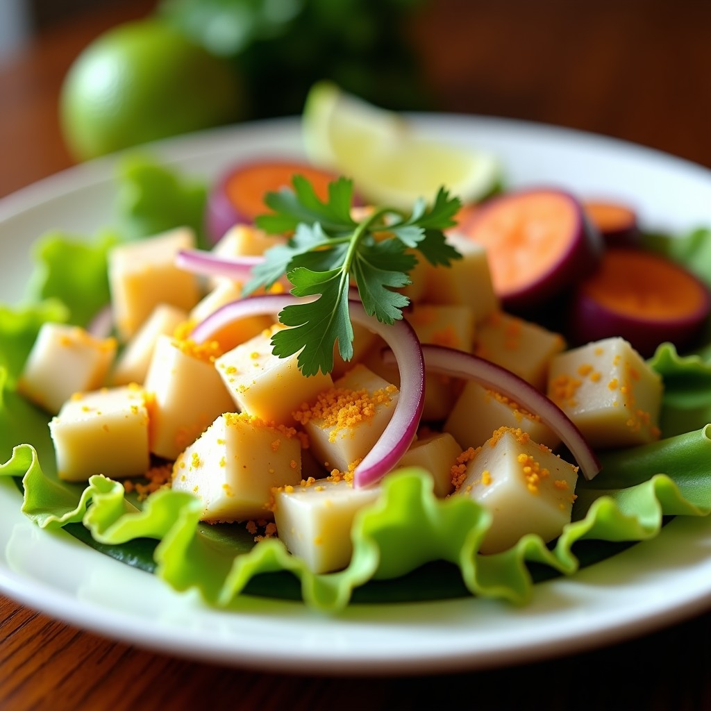 Plato de ceviche peruano de corvina en airfryer, con trozos de pescado marinado en limón, cebolla roja, cilantro y ají amarillo, acompañado de rodajas de camote morado, maíz tierno y hojas de lechuga sobre un plato blanco rústico.