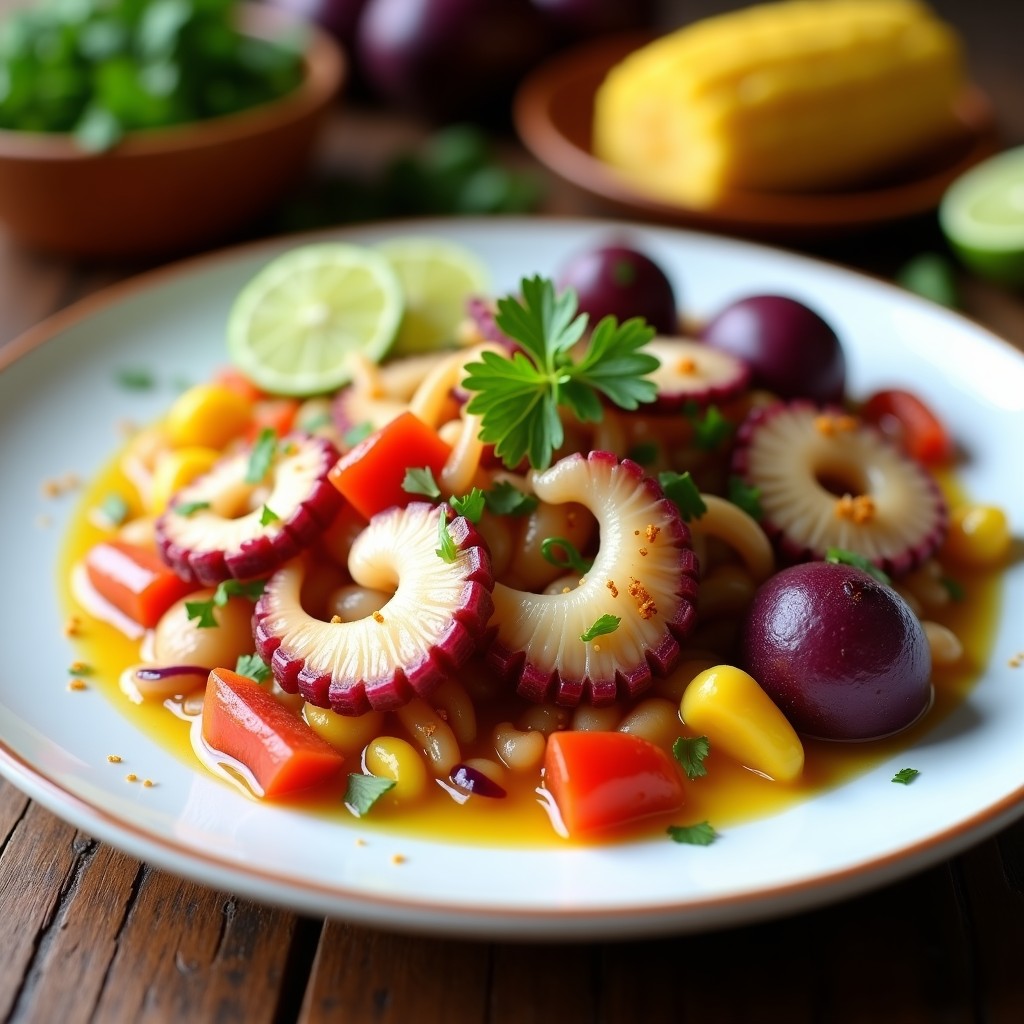 Plato blanco con ceviche de pulpo cocido, trozos de pulpo marinado en limón, acompañados de rodajas de camote morado, choclo y culantro fresco, receta peruana auténtica.