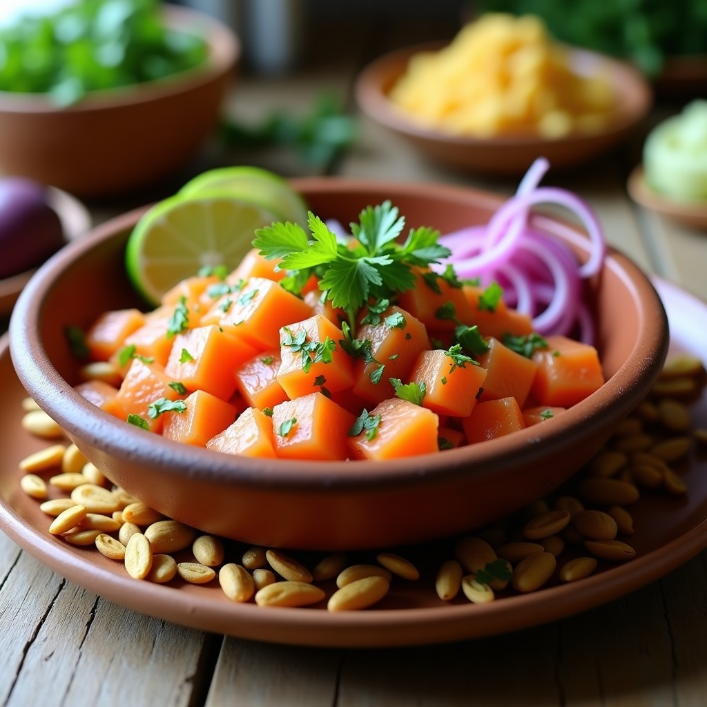 Plato de ceviche peruano con salmón ahumado en cubos, marinado en jugo de limón y naranja, acompañado de cebolla morada, ají limo, cilantro, rodajas de camote morado y maíz cancha tostado, servido en un plato de barro rústico.