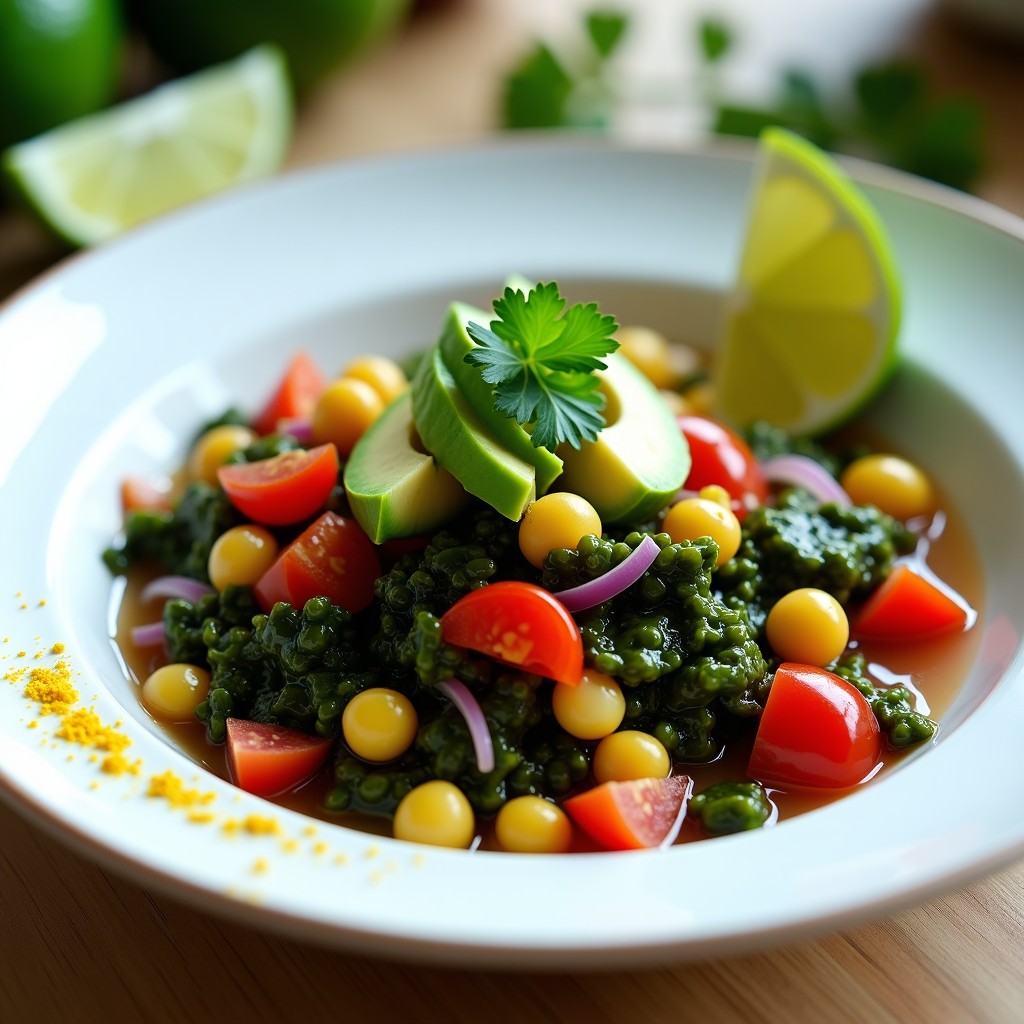 Plato hondo de cerámica blanca con ceviche vegano de algas wakame, tomate, cebolla morada, maíz y aguacate, decorado con cilantro fresco y rodajas de limón sutil. Receta peruana fresca y colorida.