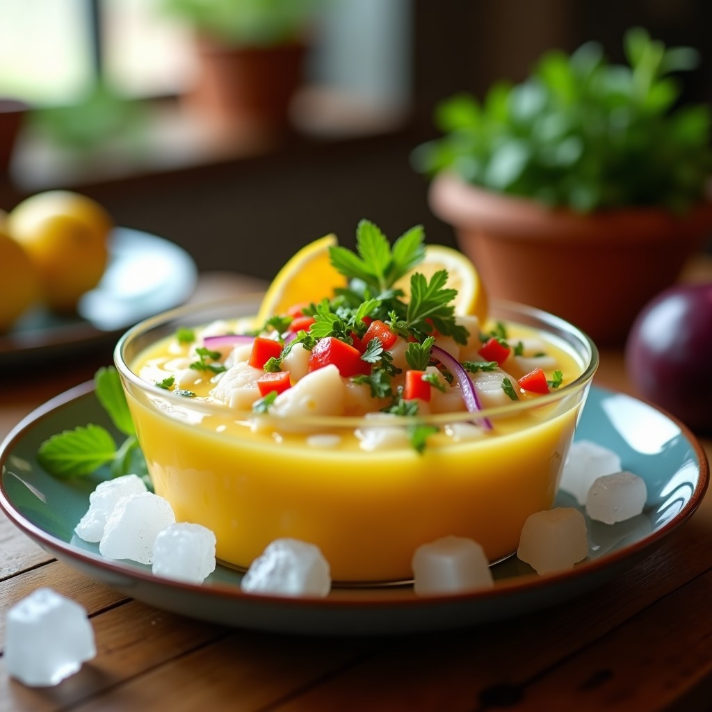 Ceviche de pescado blanco con maracuyá y cilantro servido en copa de cristal transparente, con trozos de pescado marinado en leche de tigre amarilla, cebolla roja en juliana, cilantro fresco y rodajas de maracuyá como decoración, sobre fondo rústico de madera.