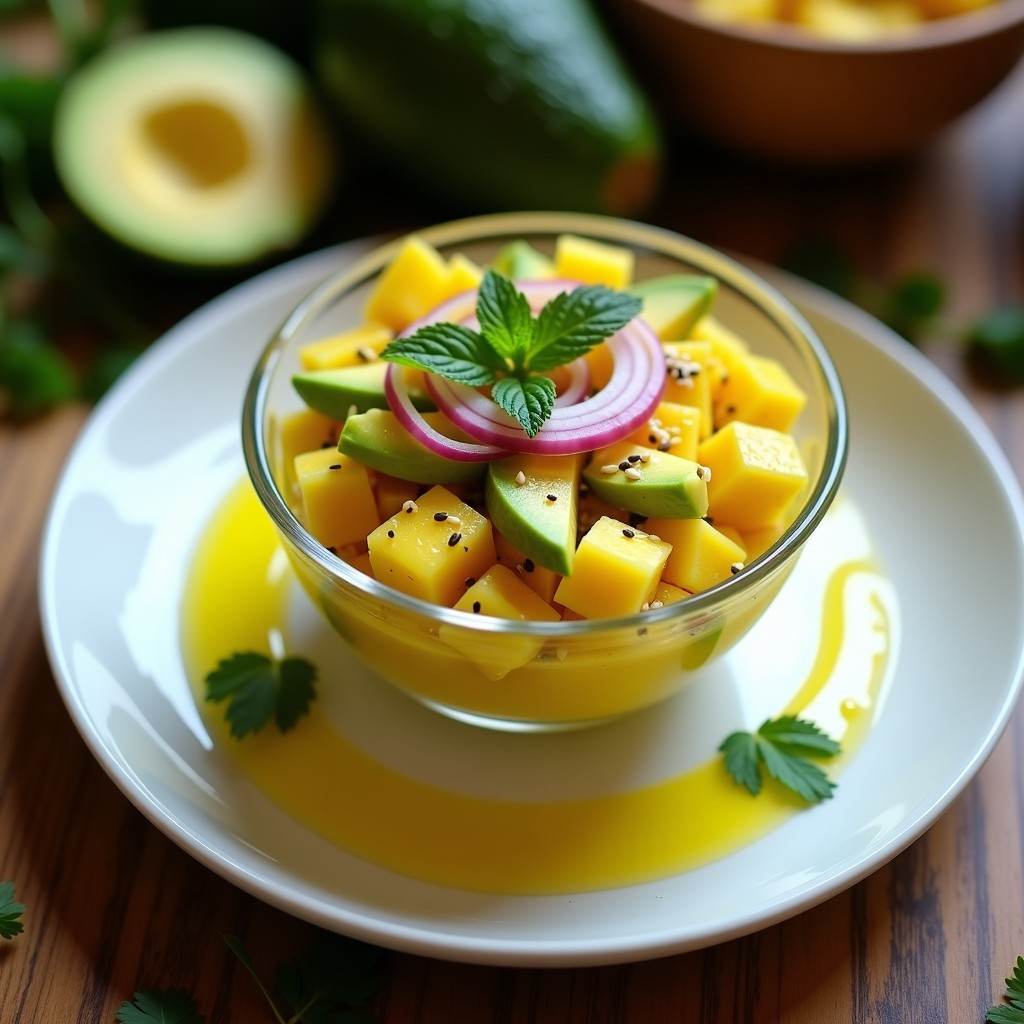 Ceviche vegano de piña y aguacate con Tigre’s Milk de cúrcuma servido en plato blanco hondo, decorado con semillas de sésamo y hojas de cilantro fresco. Los cubos de piña amarilla y aguacate verde contrastan con el líquido dorado del marinado, creando un plato colorido y apetecible.