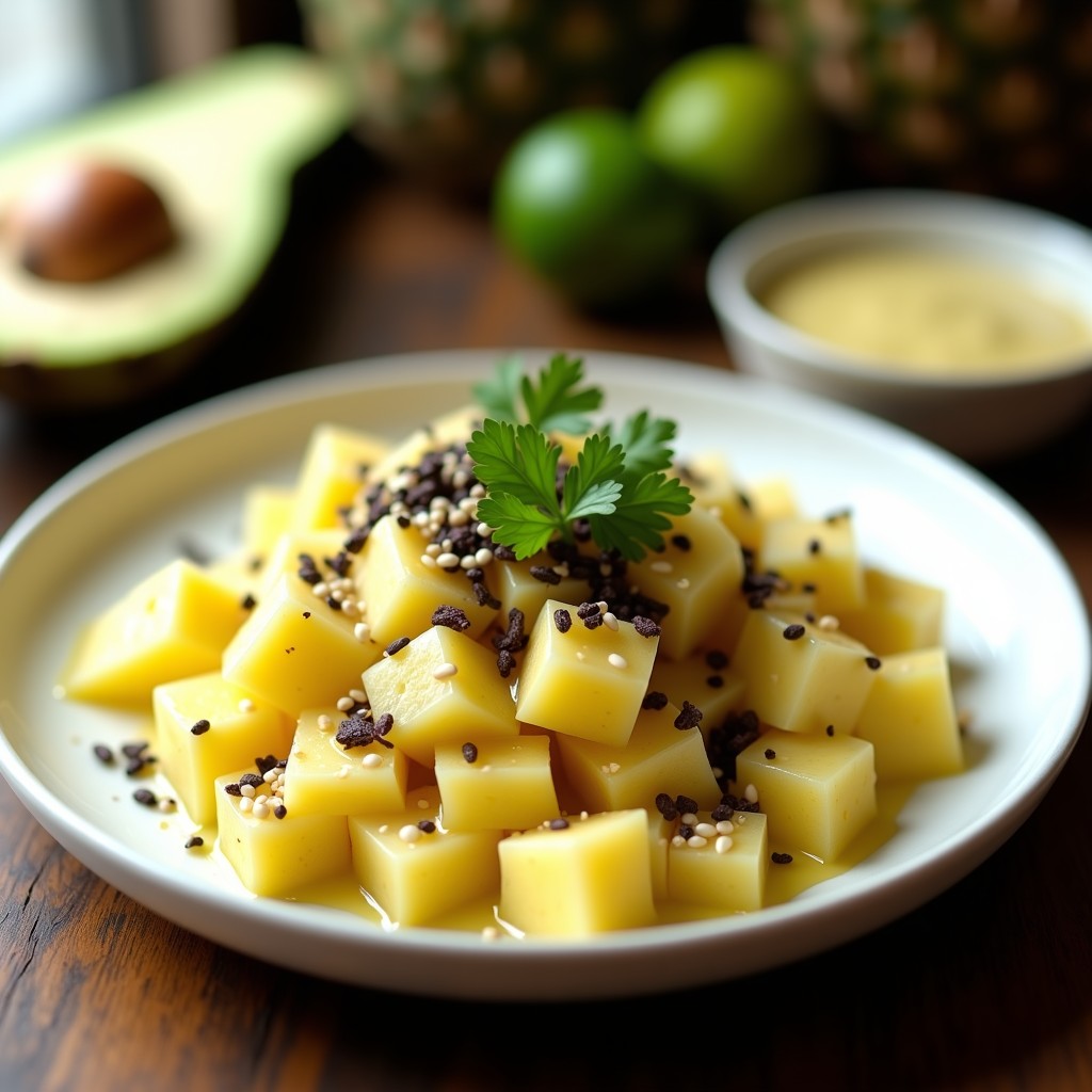 Ceviche vegano de piña y jicama con leche de tigre de cilinegro, servido en plato blanco sobre fondo de madera. Trozos dorados de piña y jicama en juliana bañados en salsa amarilla cremosa, decorado con semillas de sésamo, cilantro fresco y copos de alga nori.