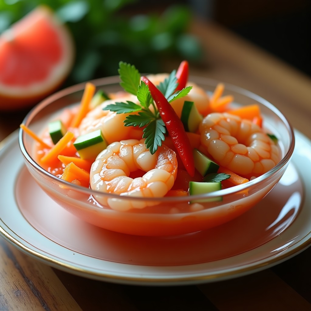 Ceviche de pomelo rosa y camarones con salsa nuoc cham servido en copa de cristal, con trozos de camarón marinado, gajos de pomelo rosa, zanahoria juliana, pepino y hojas de cilantro y menta fresca. Fondo borroso de mesa de madera con chips de plátano verde.