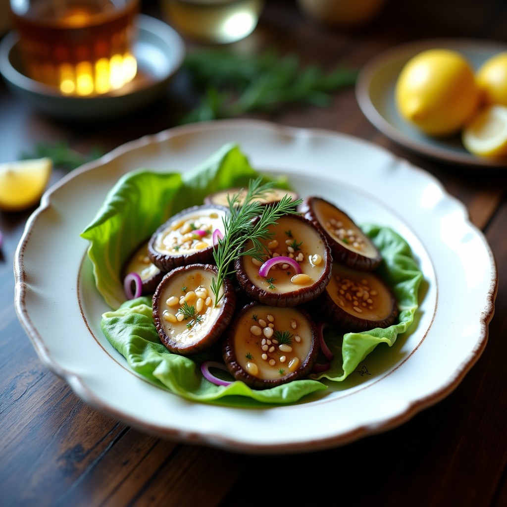 Ceviche vegano escocés de Champiñones Portobello en láminas gruesas, algas Dulse picadas y vinagreta de whisky, servido en plato hondo de cerámica negra con semillas de sésamo y cilantro fresco.