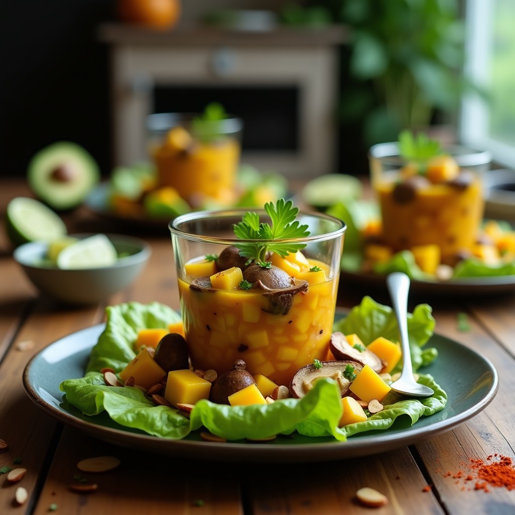 Ceviche vegano de champiñones portobello y mango servido en tostadas de maíz, con trozos de aguacate, cebolla morada y cilantro fresco, sobre un plato de cerámica blanca con fondo rústico.
