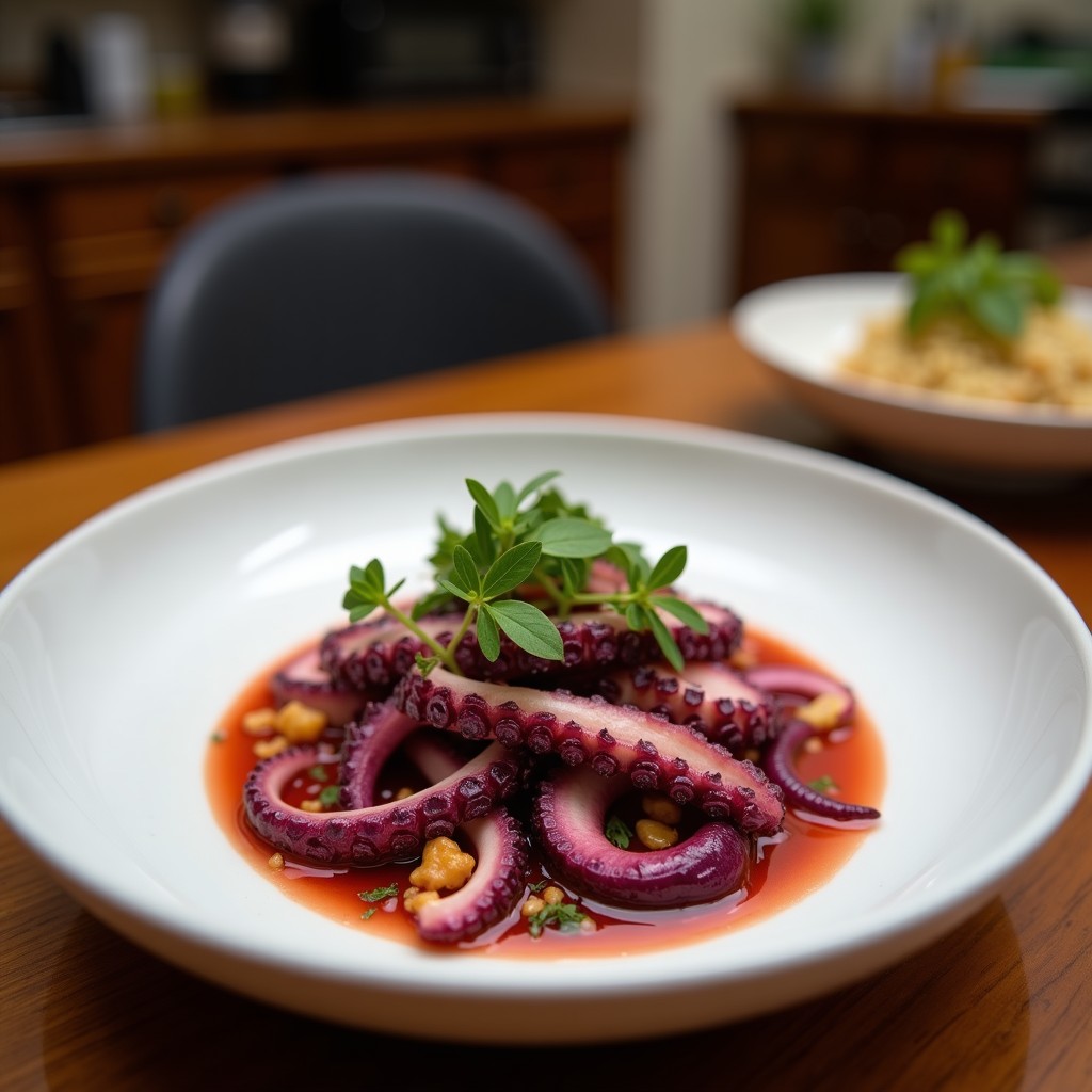 Plato hondo de cerámica blanca con ceviche de pulpo y batata morada peruanos, decorado con cancha serrana, culantro fresco y trozos de maíz morado, servido sobre una mesa de madera con limones verdes al lado.