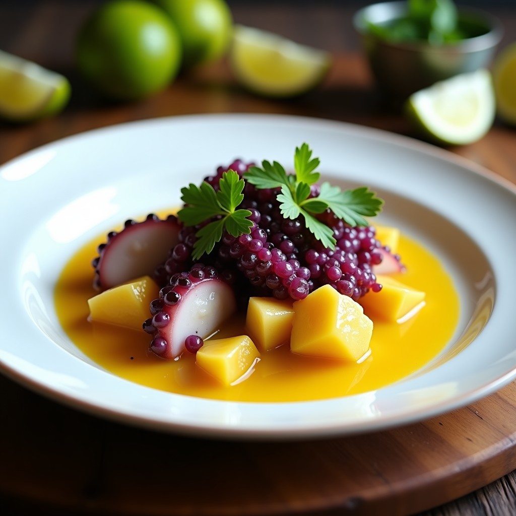 Plato blanco elegante con ceviche de pulpo en trozos, marinado en salsa amarilla de maracuyá y limón, decorado con juliana de cebolla roja, culantro fresco y crujiente de maíz morado dorado por encima. Fondos desenfocados con hojas verdes y rodajas de maracuyá.