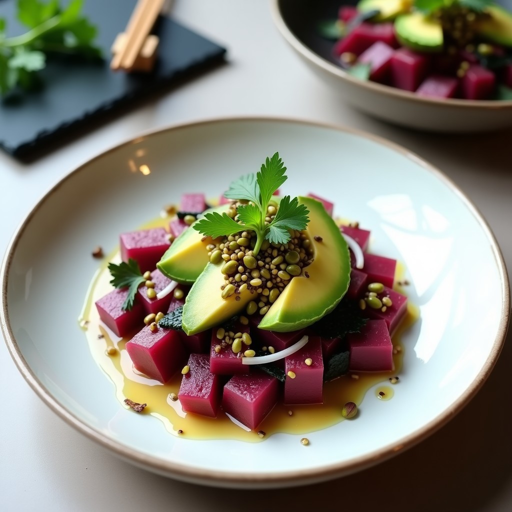 Ceviche vegano de remolacha y aguacate con leche de yuzu, servido en copa transparente con semillas de sésamo negro y hojas de cilantro, fondo minimalista con tonos morados y verdes.