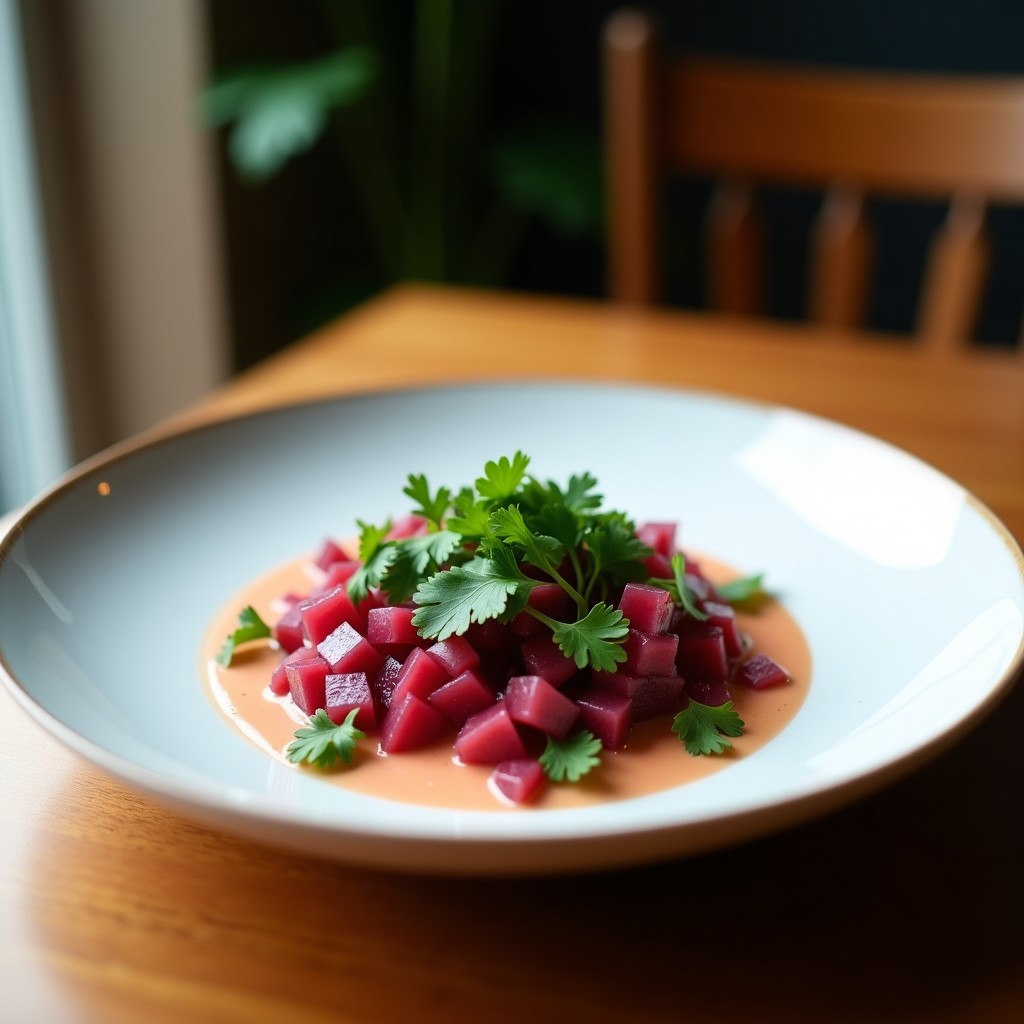 Plato hondo de cerámica blanca con ceiche de remolacha y jengibre, bañado en leche de coco cremosa, decorado con cilantro fresco, semillas de sésamo y rodajas de lime. Fondo rústico con ingredientes dispersos: remolacha cruda, jengibre y cebolla morada.