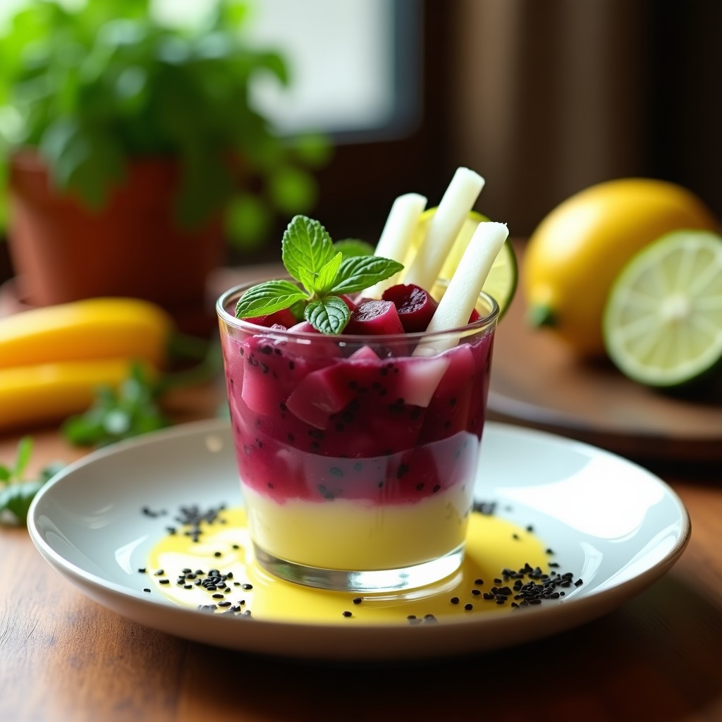 Ceviche vegano en copa de cristal con láminas de remolacha morada y jicama blanca, bañado en leche de tigre de guanábana de color crema. Decorado con cilantro fresco, anacardos picados y hielo picado. Plato tropical, fresco y vibrante con toques de verde y naranja.
