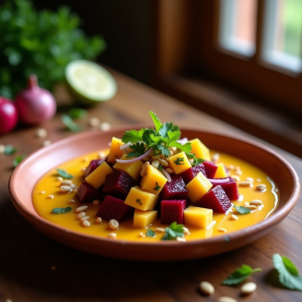 Ceviche vegano de remolacha asada y mango en cubos, bañado en leche de tigre de marquesita de color ámbar, decorado con cebolla morada, cilantro, menta y cacahuates tostados sobre un plato de barro rústico.