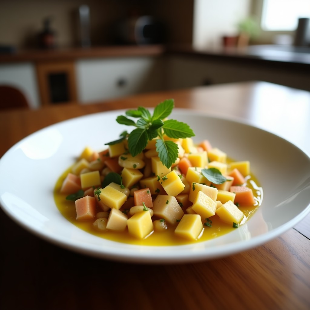 Ceviche vegano de remolacha y manzana verdes servido en hojas de lechuga morada, decorado con almendras tostadas y cilantro fresco, con un fondo de limas y jengibre.