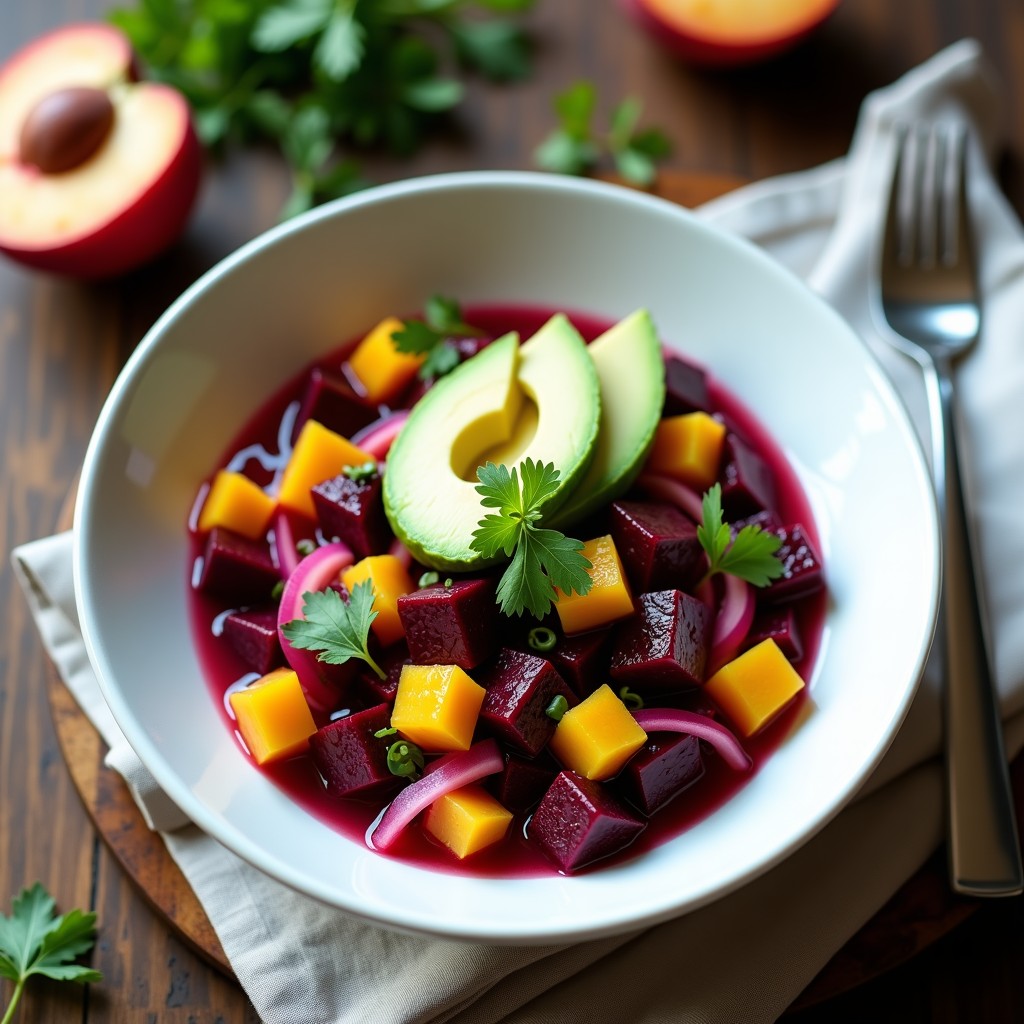 Ceviche vegano peruano de remolacha y melocotón con vinagreta de jengibre, servido en tostadas de maíz sobre hojas de lechuga morada, decorado con semillas de sésamo y cilantro fresco.