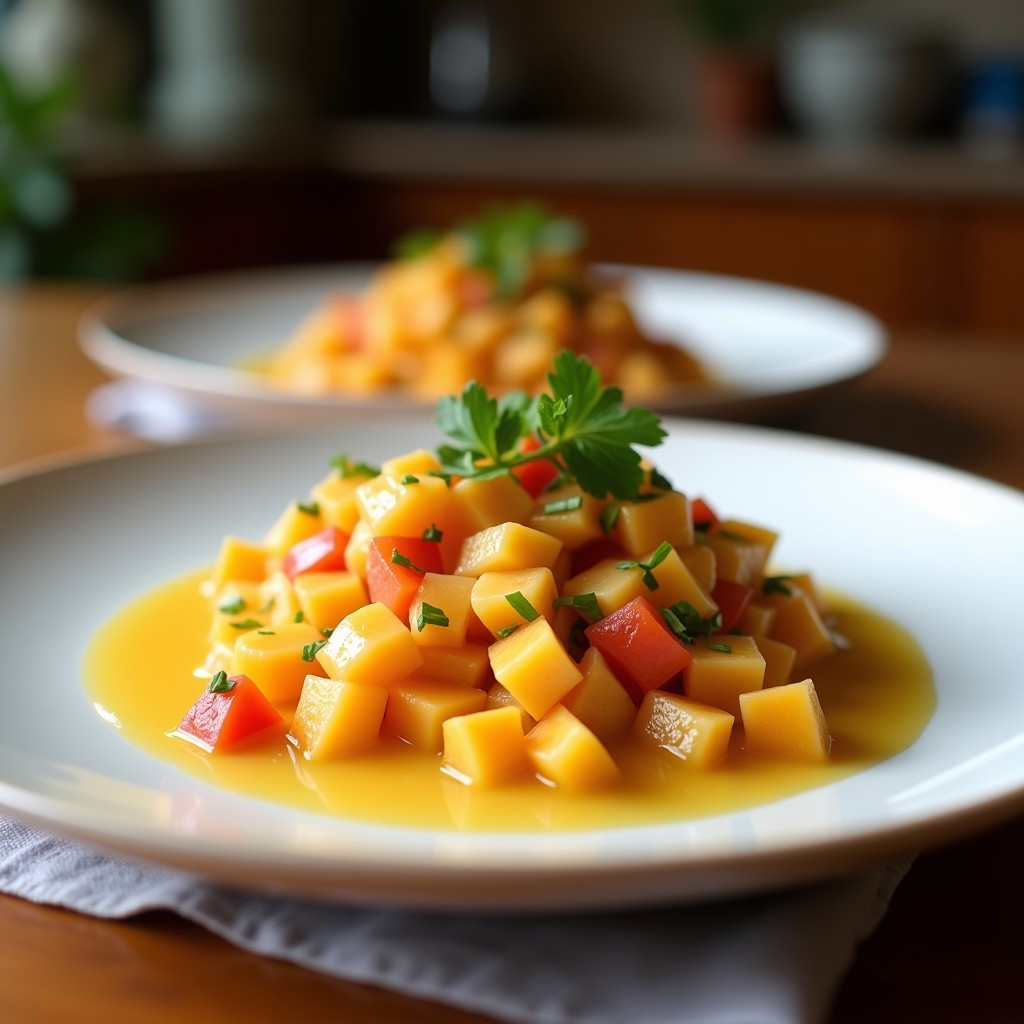 Plato hondo blanco con ceviche de remolacha y naranja con leche de tigre de jengibre, decorado con semillas de sésamo y hojas de menta, servido con tostadas de pan sin gluten al lado.
