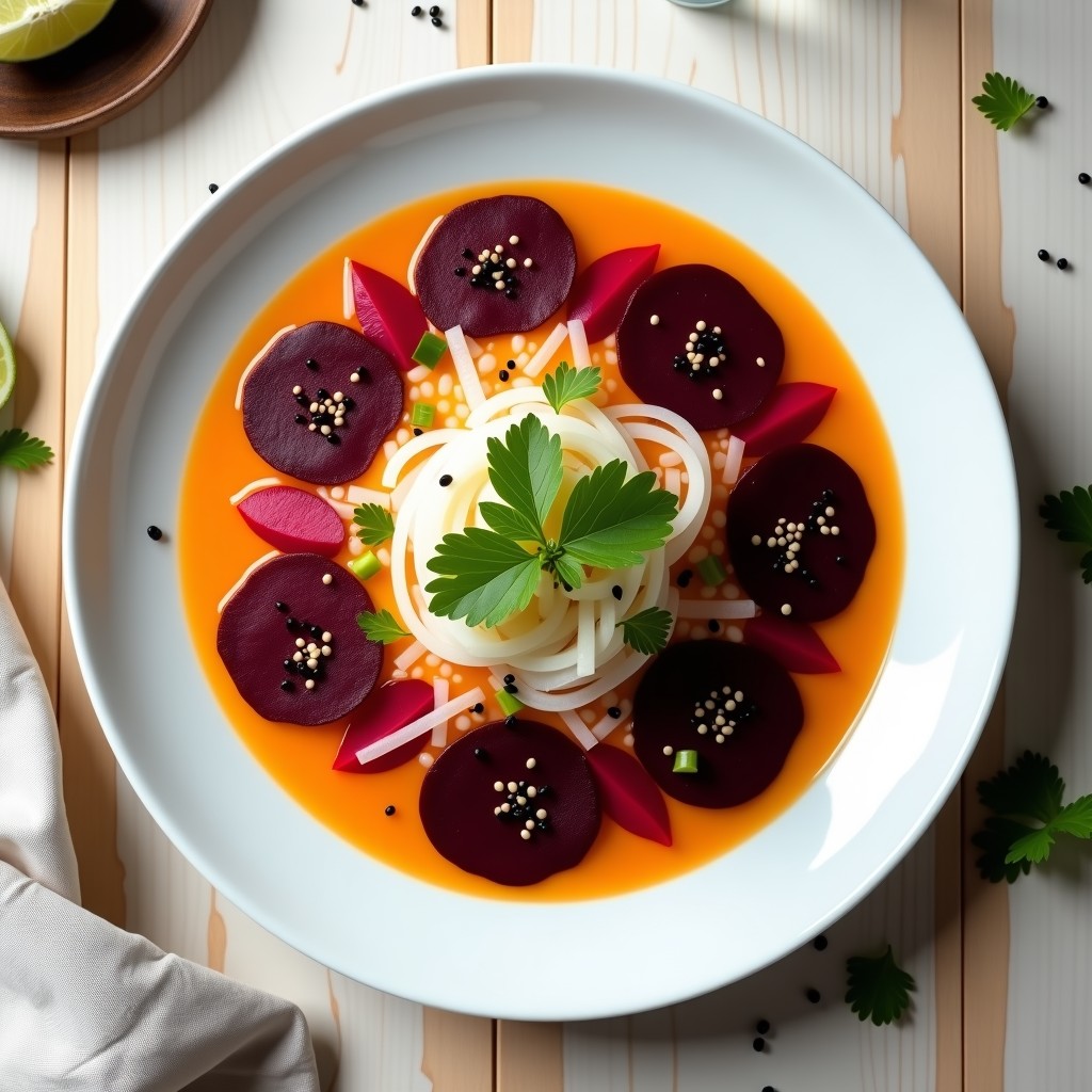 Plato blanco moderno con ceviche de remolacha y raíz de loto en láminas finas, bañado en leche de tigre de cítricos de color naranja intenso. Decorado con semillas de sésamo negro, culantro fresco, rodajas de lima y ramitas de apio. Presentación elegante y vibrante.