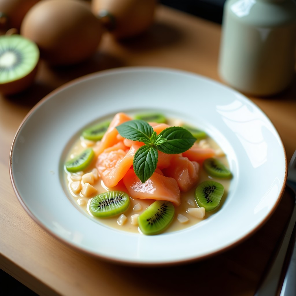 Copa transparente con ceviche de salmón ahumado en cubos rosados y kiwi verde, bañado en leche de coco cremosa, decorado con semillas de sésamo negro, alga nori y cebollino picado. Plato de fusión japonesa fresco y elegante.