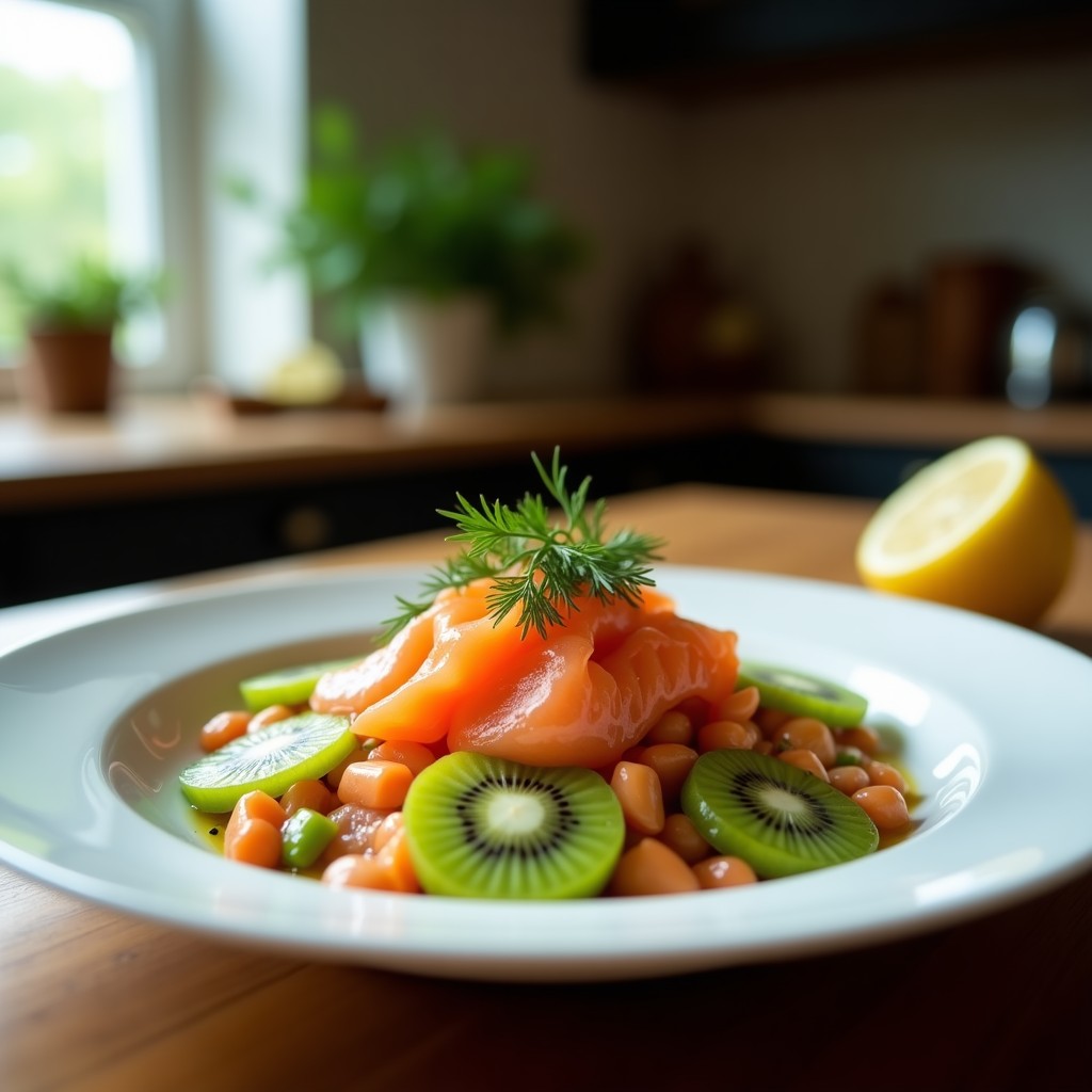 Copa de cristal transparente con ceviche de salmón ahumado y kiwi, marinado en leche de limón con eneldo fresco. Decorado con rodajas de kiwi, almendras fileteadas y hojas de eneldo sobre fondo blanco.