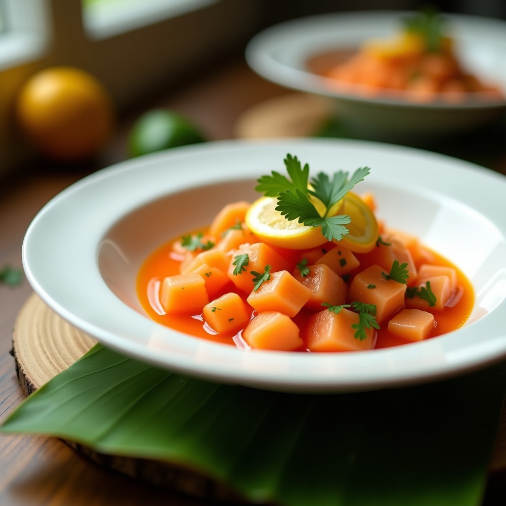 Plato de ceviche de salmón fresco en cubos, bañado en leche de tigre de lulo de color naranja intenso, acompañado de rodajas de lulo, cilantro fresco y ají amarillo. Presentación vibrante y apetitosa sobre hoja de plátano.